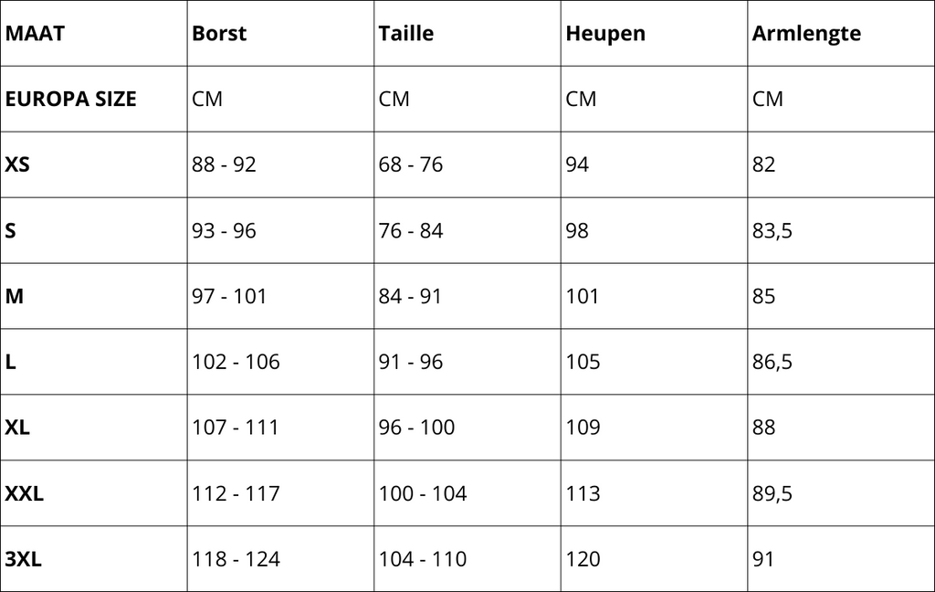 Oxford™ Stretch Zip Shirt size chart: bust, waist, height, and arm length
