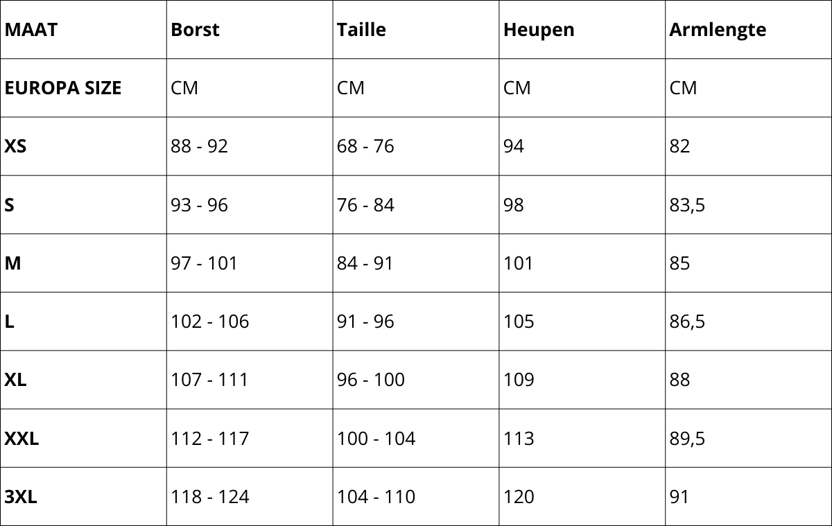Oxford™ Stretch Zip Shirt size chart: bust, waist, height, and arm length