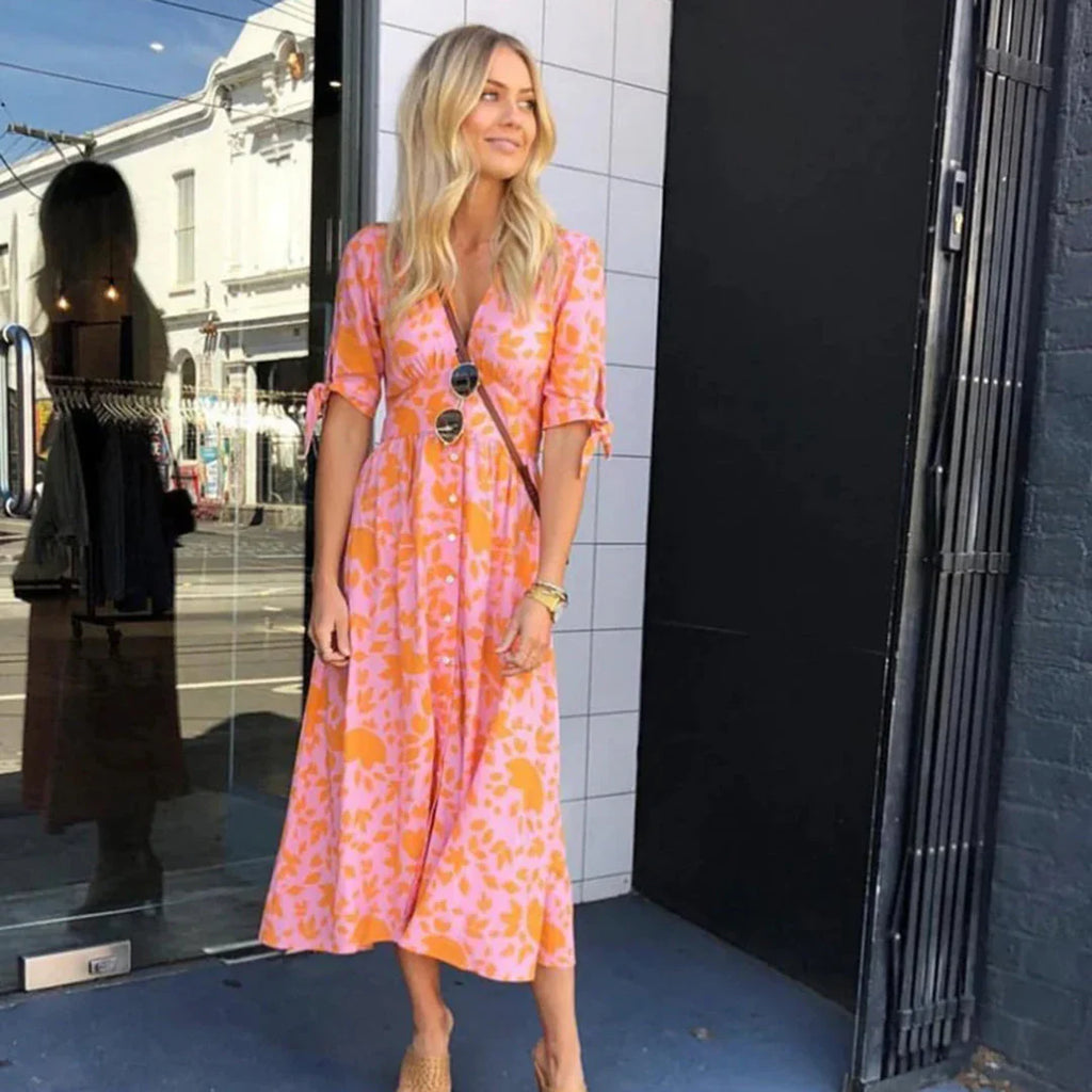 Orange floral quarter-sleeve midi dress with buttoned front