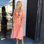 Orange floral quarter-sleeve midi dress with buttoned front