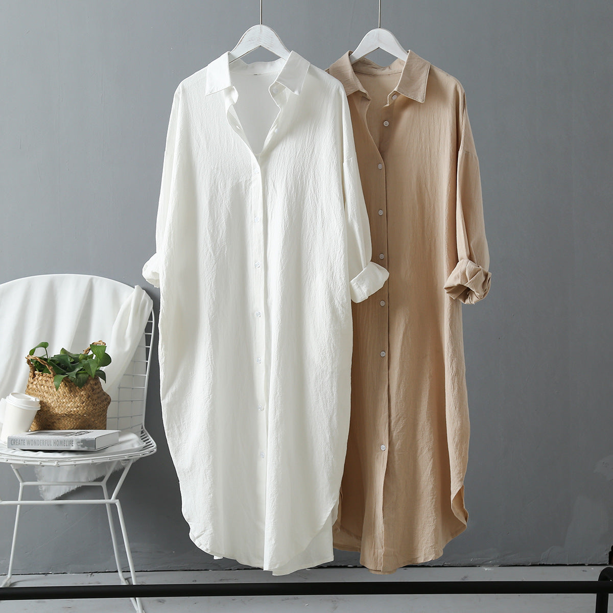 Loose cotton button-up shirt, white and beige, long sleeves with roll-up cuffs
