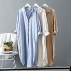 Loose cotton button-up shirt set: light blue, white, and beige