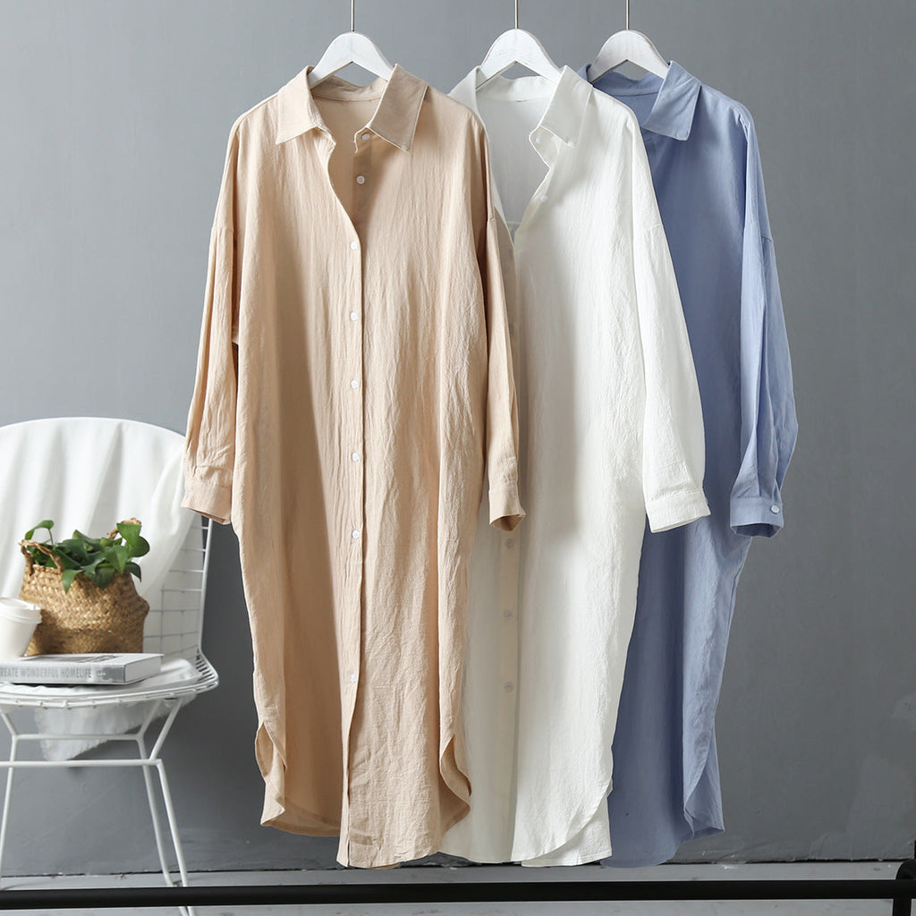 Loose cotton button-up shirt, beige, white, and light blue colors