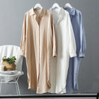 Loose cotton button-up shirt, beige, white, and light blue colors