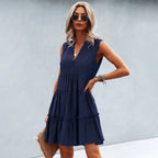 Stylish mini dress by ANNELI, sleeveless V-neck tiered dark blue