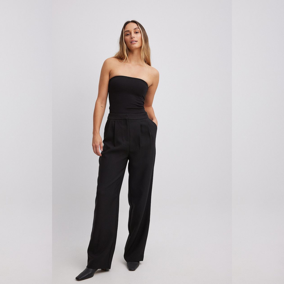 Black high-waist wide-leg pants with pleated front