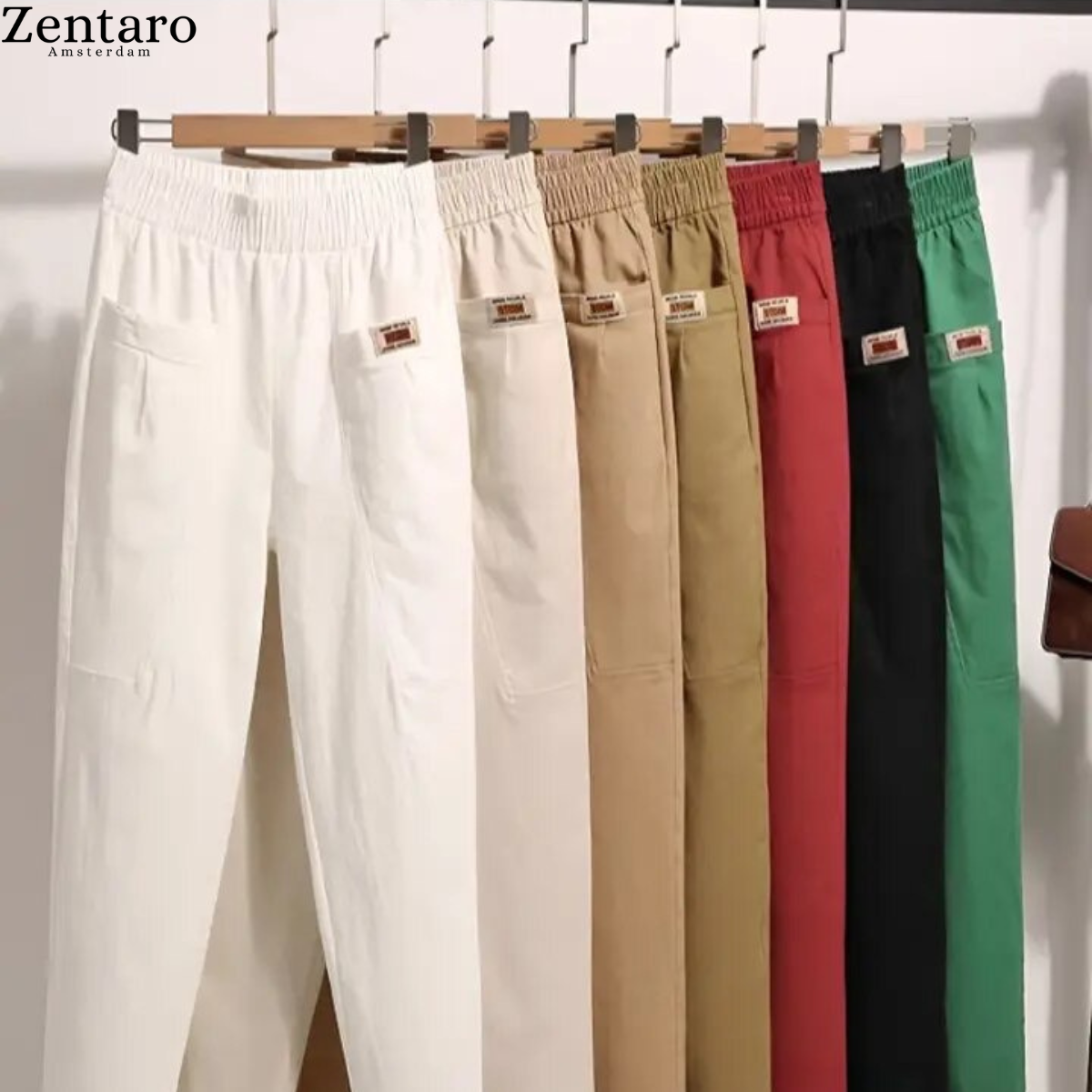 Oriana™ women’s cotton pants assortment in white, khaki, red, green, black, and dark brown