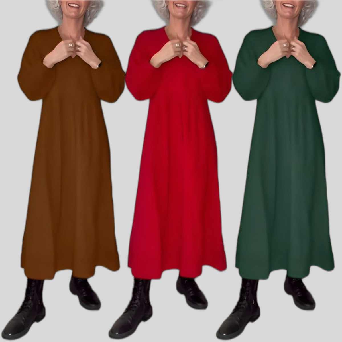 Long V-neck midi dress in dark brown, three-quarter sleeves