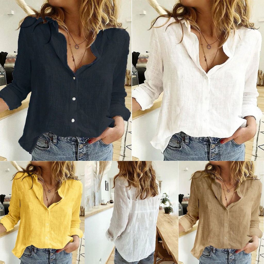 Casual button-down shirt set: dark navy and white, long sleeves with front buttons