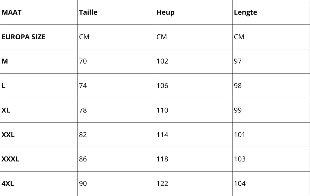 Size chart with EU sizes and waist, hip, and length measurements (cm) for pants