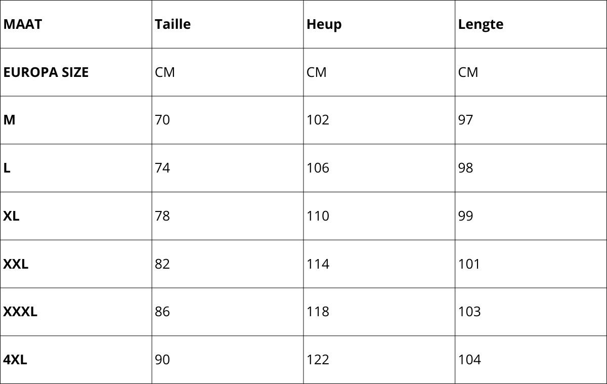 Size chart with EU sizes and waist, hip, and length measurements (cm) for pants