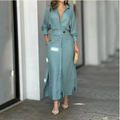Light blue long belted button-front dress with pockets and side slit