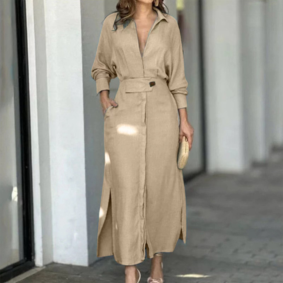 Khaki long belted button-front dress with chest pocket and side slit