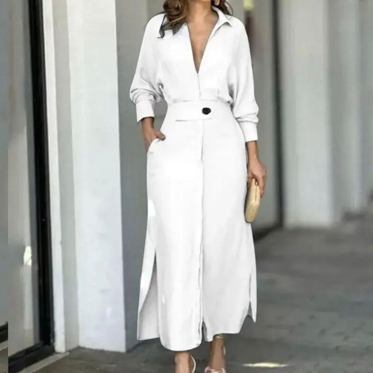 White long belted button-front dress with pockets and side slit