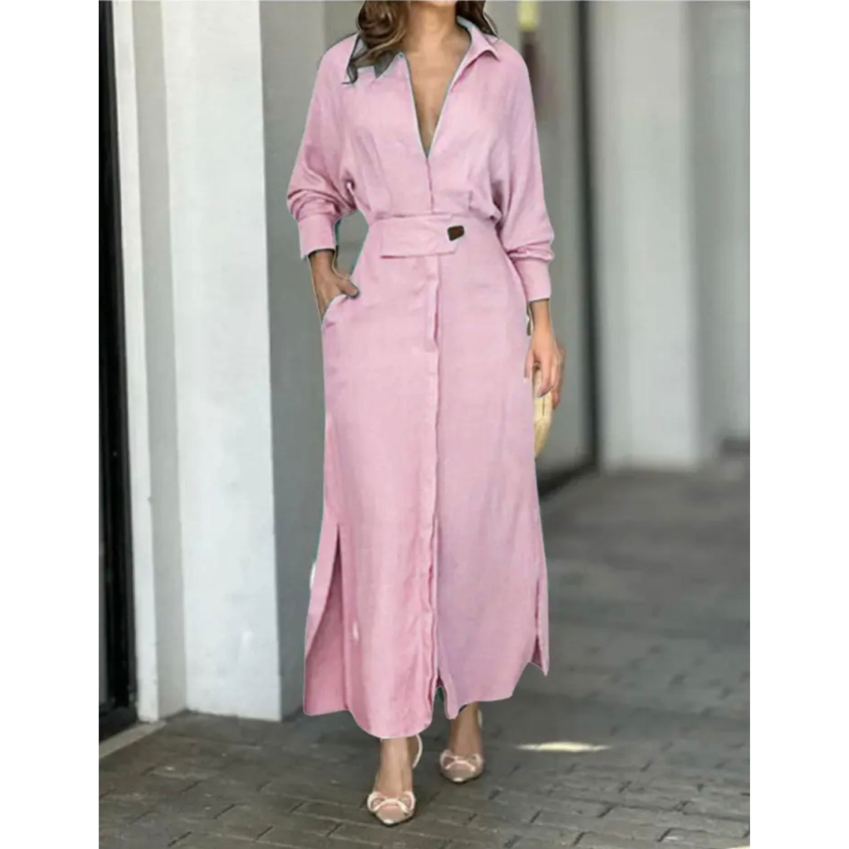 Pink long belted button-front dress with pockets and side slit