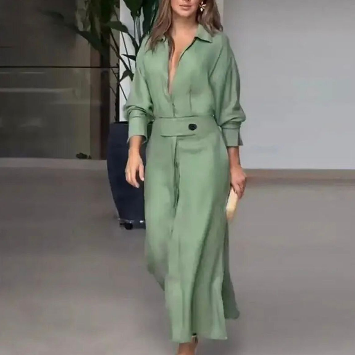 Green long belted button-front dress with pockets and side slit