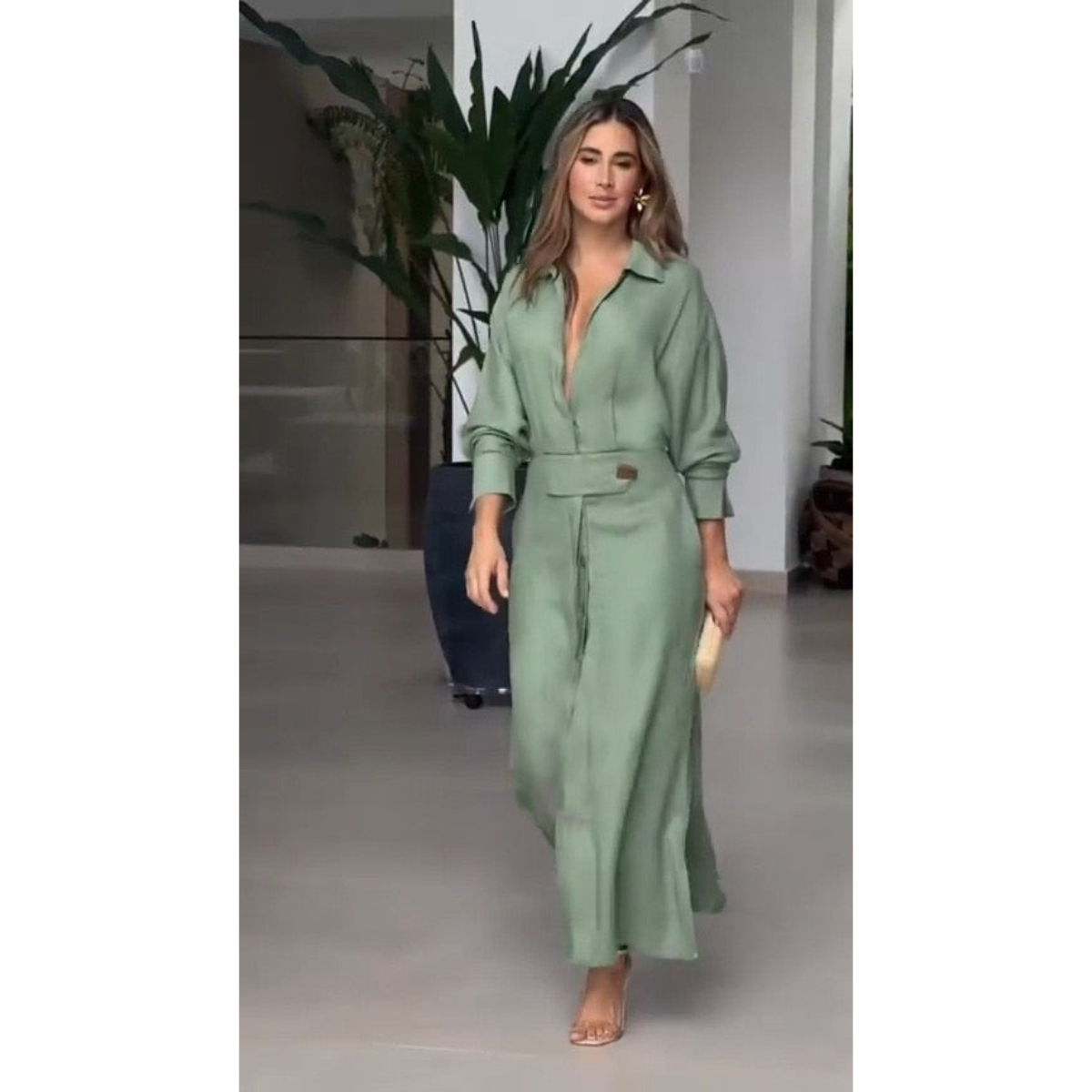 Sage green long belted button-front dress with pockets and side slit