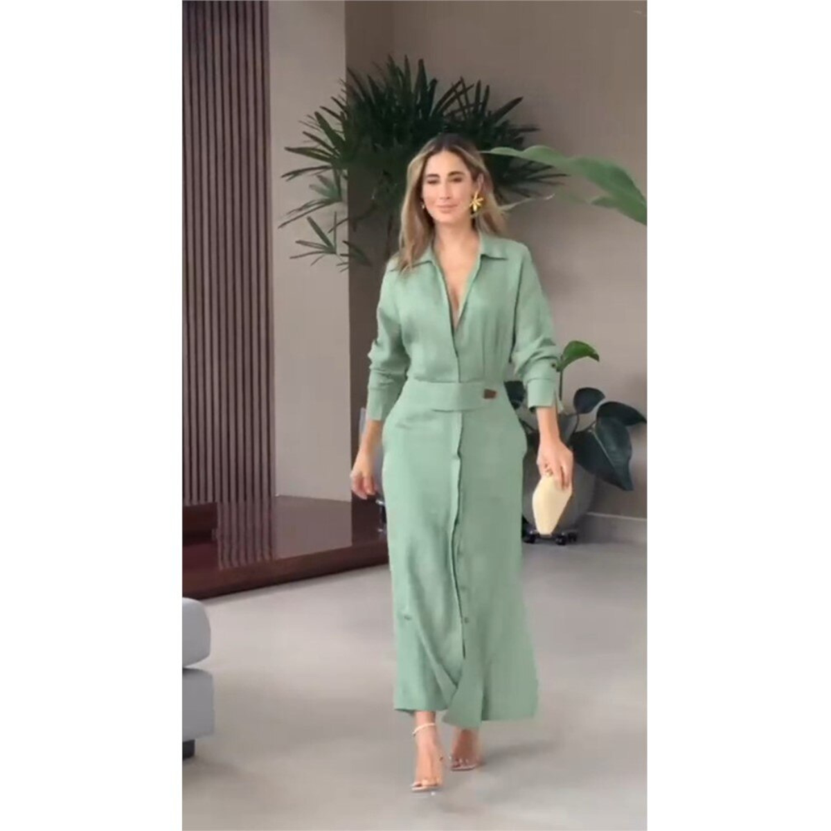Mint green long belted button-front dress with pockets and side slit