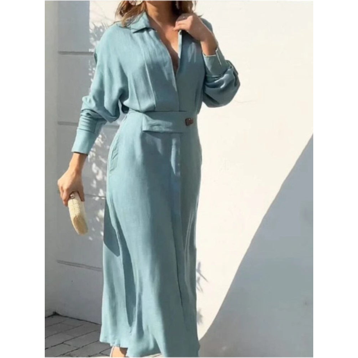 Light blue long button-front belted dress with collar and pockets