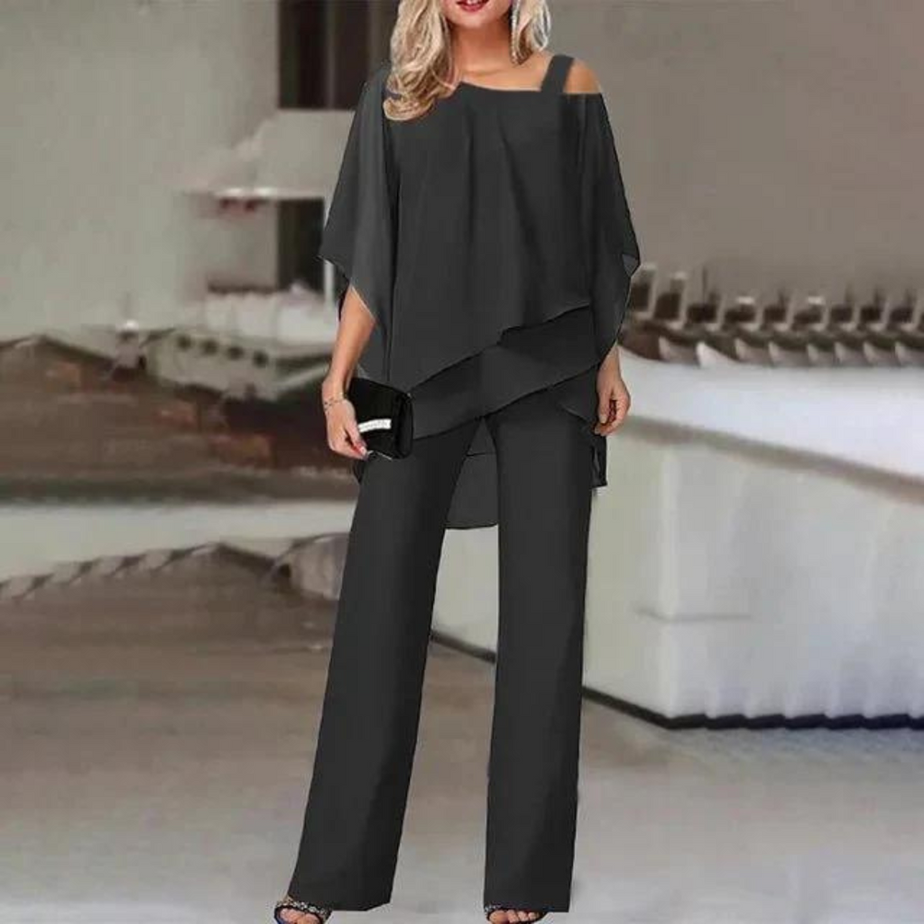 Valencia™ two-piece set with black off-shoulder draped top and wide-leg pants