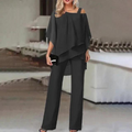 Valencia™ two-piece set with black off-shoulder draped top and wide-leg pants