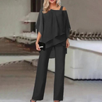Valencia™ two-piece set with black off-shoulder draped top and wide-leg pants