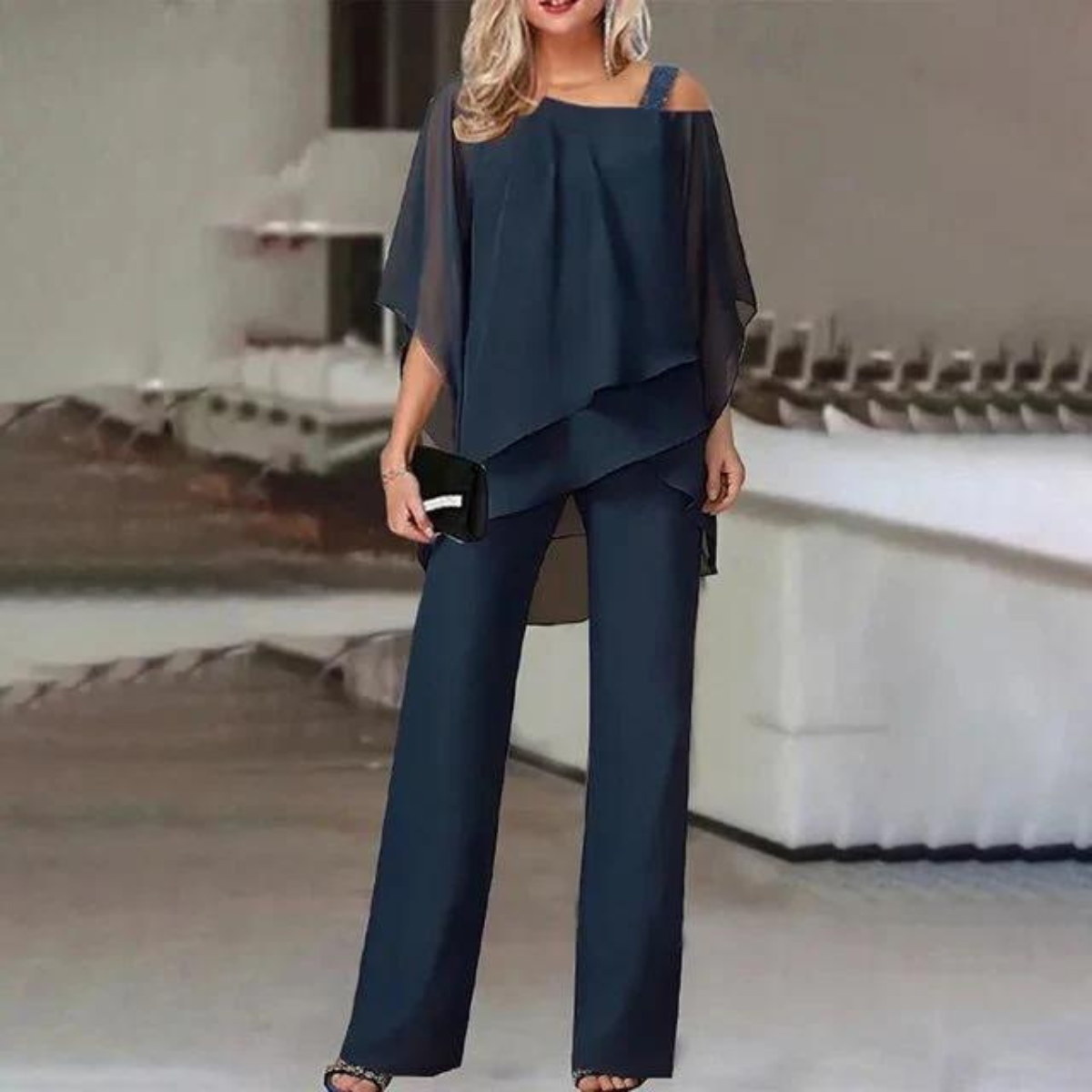 Valencia™ two-piece set with navy off-shoulder draped top and wide-leg pants
