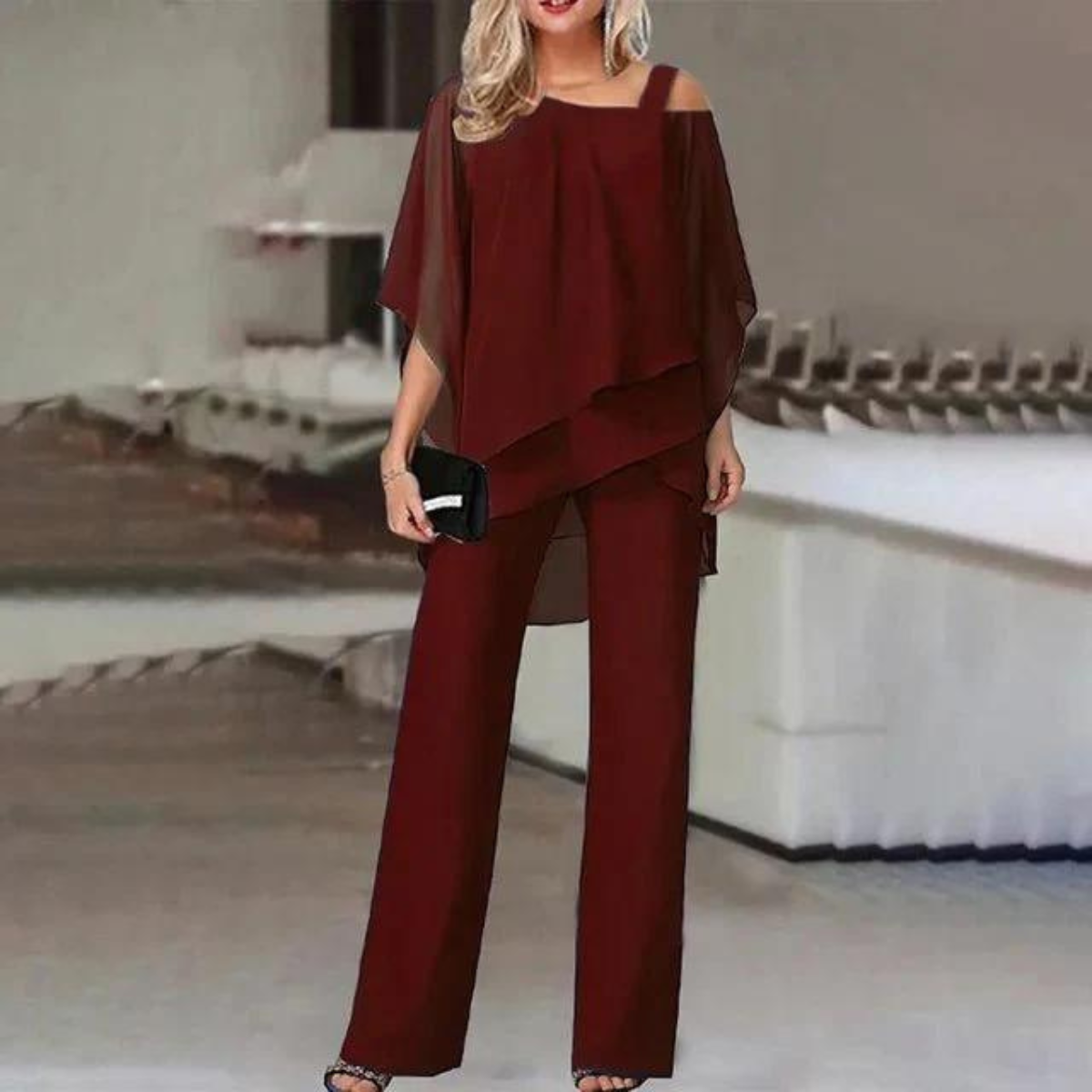 Valencia™ two-piece set in dark red with off-shoulder draped top and wide-leg pants
