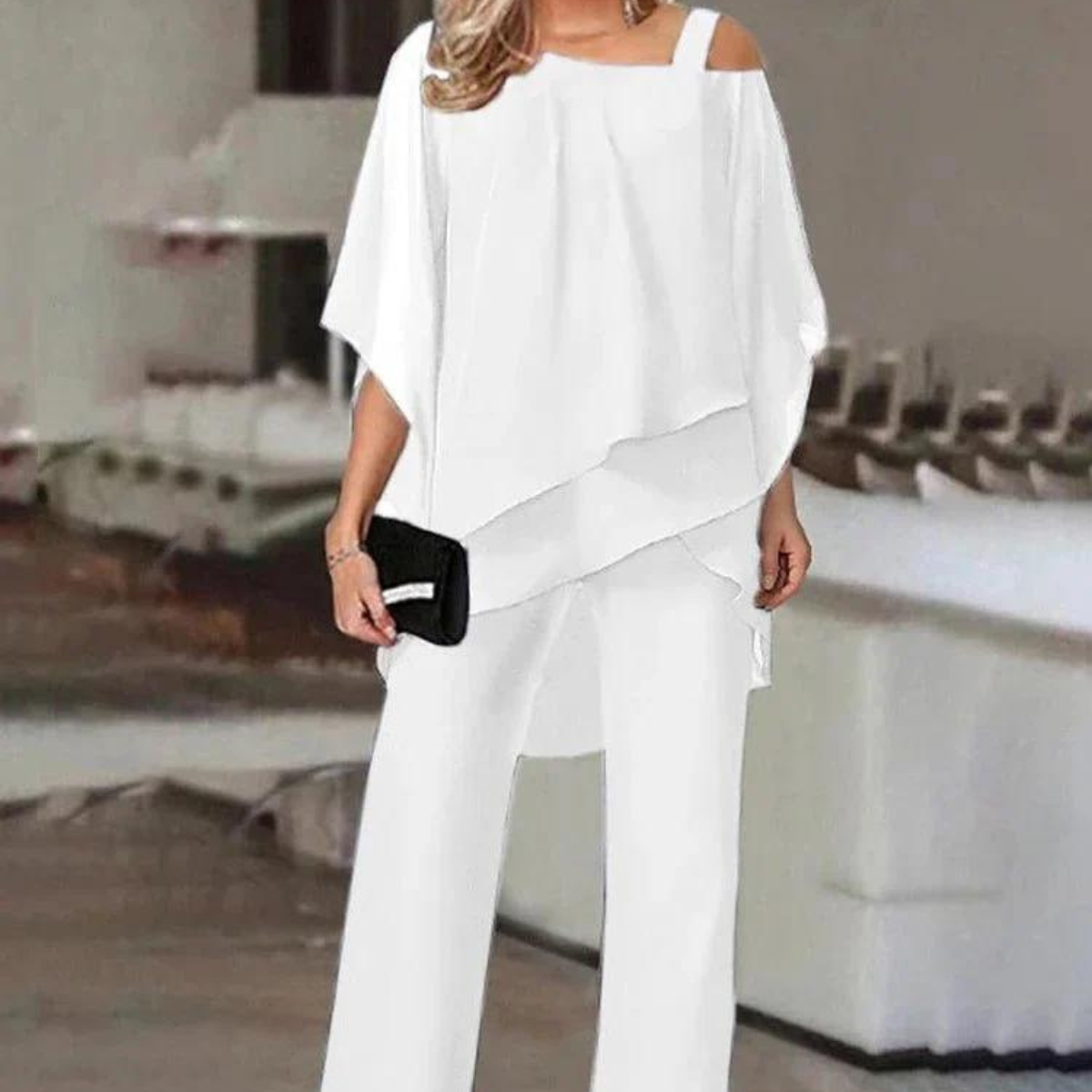 Valencia™ two-piece set in white with off-shoulder draped top and wide-leg pants