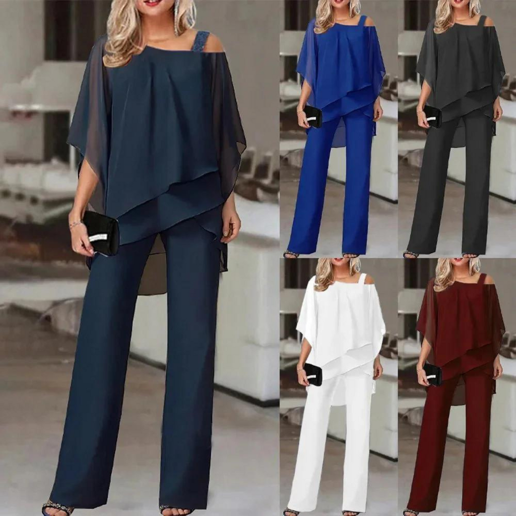 Valencia™ two-piece set bundle with blue, black, white, and burgundy draped top and pants