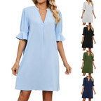HARPER casual V-neck dress in light blue, puff sleeves, above-knee A-line