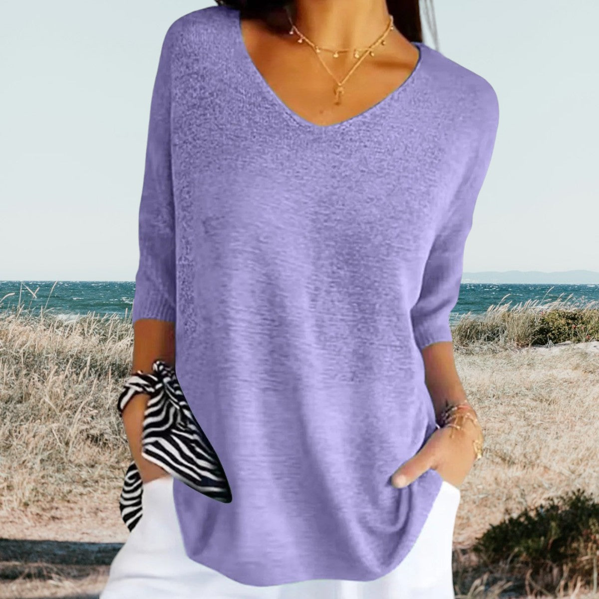 Gerda™ summer V-neck top, lavender knit pullover with 3/4 sleeves