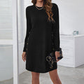 RENILDE long-sleeve mini dress, black textured knit with button-front detail