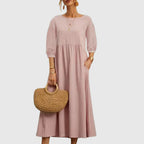 Dusty pink long dress with puff sleeves and gathered waist