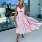 VITA stylish midi dress, sleeveless sweetheart neckline, pink-lilac with waist cutout