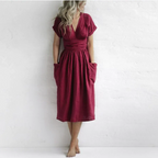 Casual V-neck dress with short sleeves, drawstring waist and side pockets, wine red