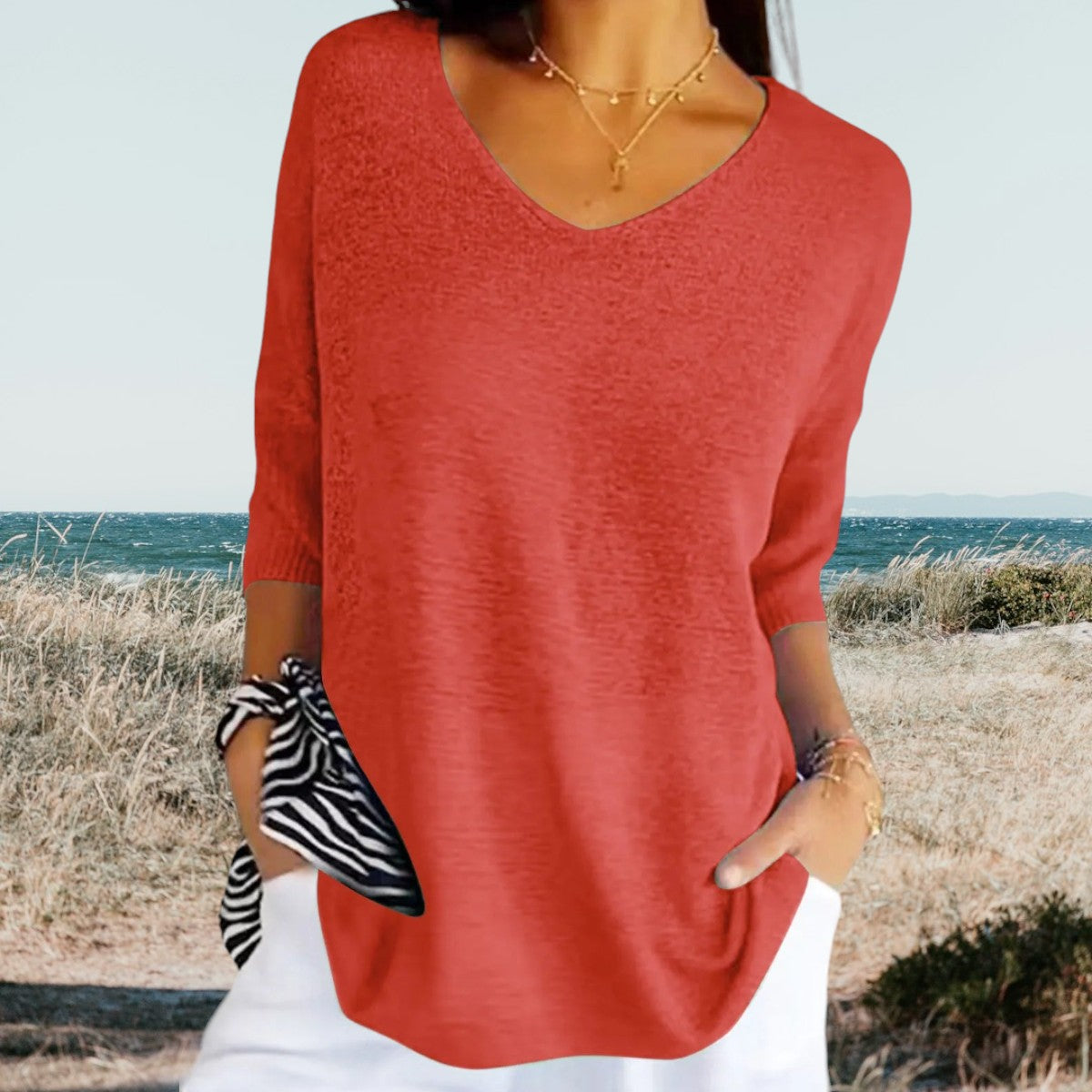 Gerda™ summer V-neck top, red knit pullover with 3/4 sleeves