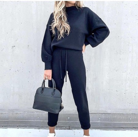 Navy turtleneck sweatshirt and jogger sweatpants comfort set with drawstring waist