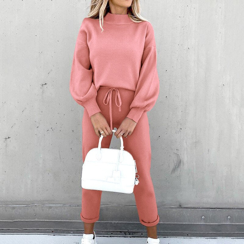Pink turtleneck sweatshirt and jogger sweatpants comfort set with drawstring waist