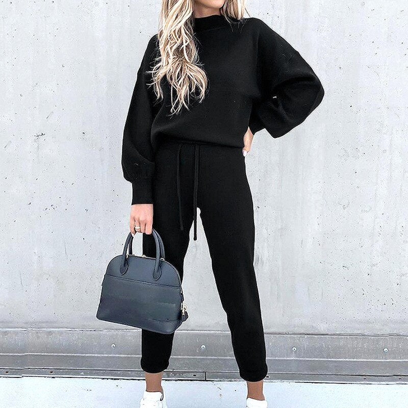 Black turtleneck sweatshirt and jogger sweatpants comfort set with drawstring waist