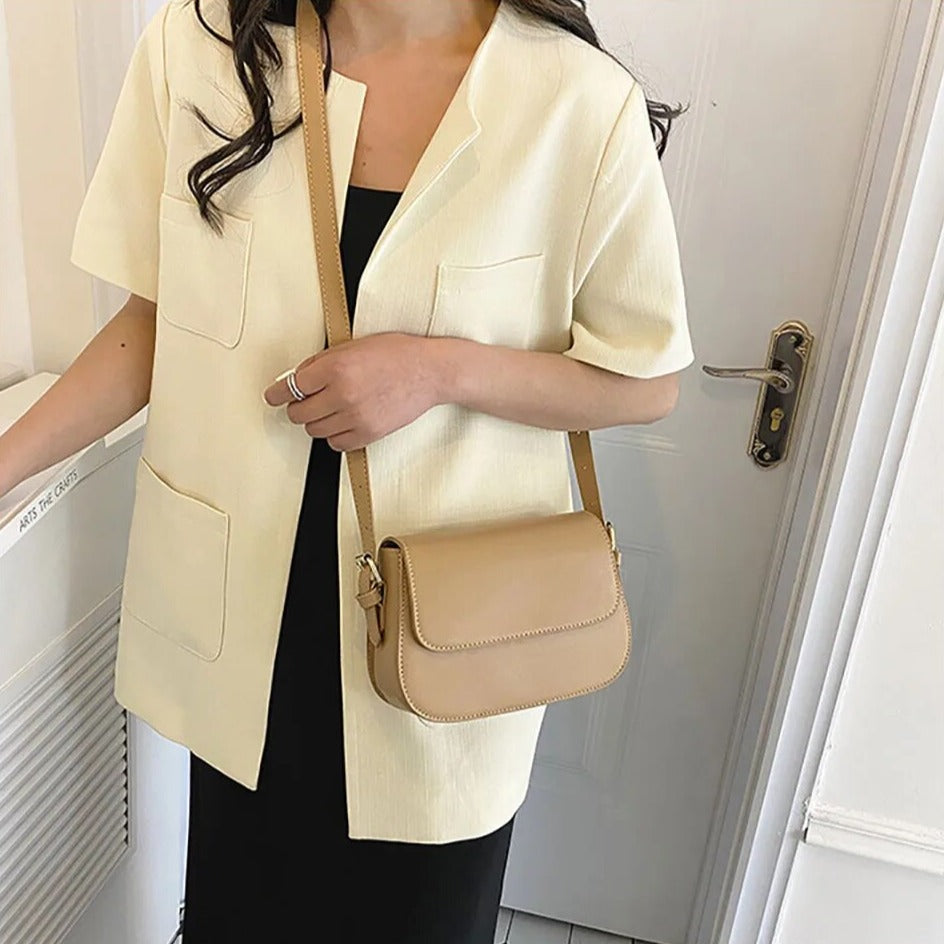 Carlijn™ elegant handbag, tan-beige flap crossbody with adjustable strap and gold hardware