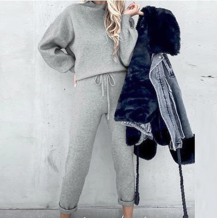 Grey turtleneck sweatshirt and jogger sweatpants comfort set with drawstring waist