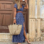 Blue patterned boho maxi dress with short sleeves and side slit