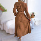 MONIQUE elegant pleated maxi dress, long sleeves, wrap-style waist belt, brown