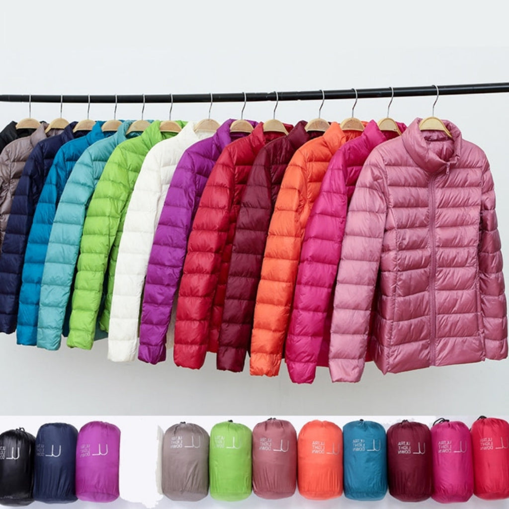 Rack of padded spring jackets in multiple colors
