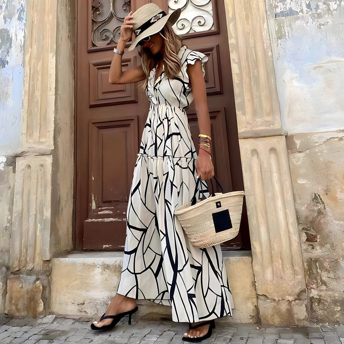 Mila™ sleeveless tiered maxi dress, black geometric line pattern