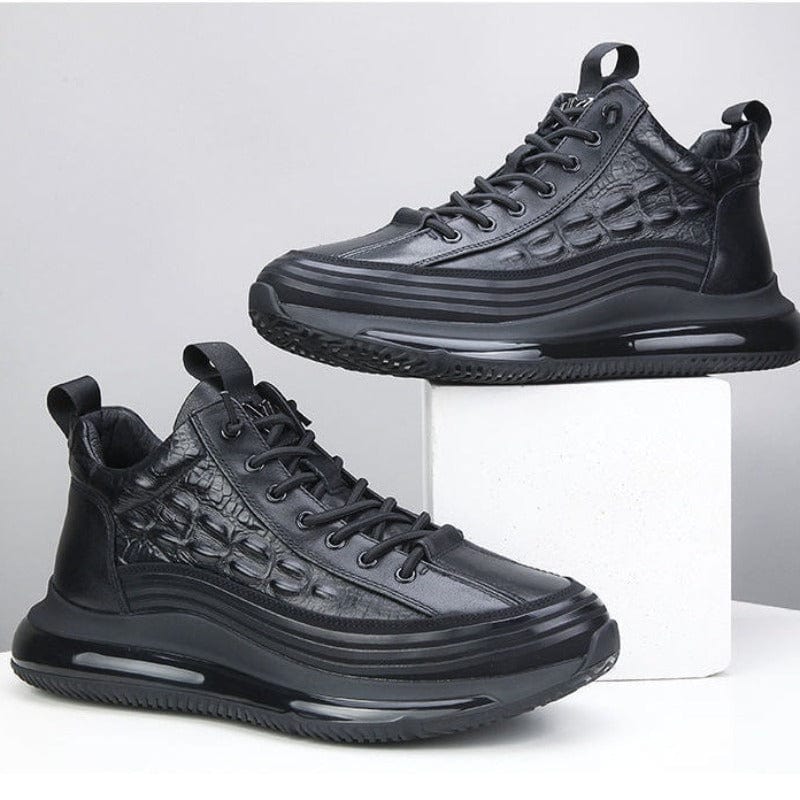 Black lizard-pattern high-top lace-up sneakers with chunky sole and textured upper