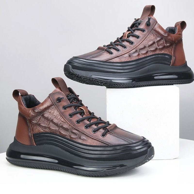 Brown lizard-pattern high-top sneakers with lace-up front and black cushioned sole