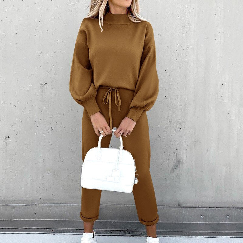 Brown turtleneck sweatshirt and jogger sweatpants comfort set with drawstring waist