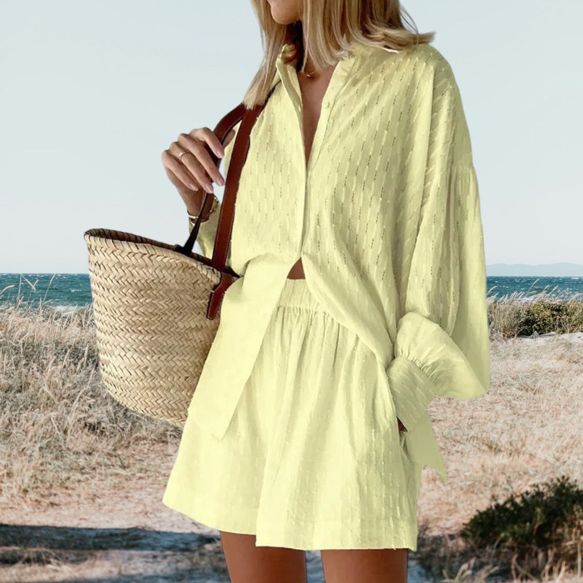 Light yellow button-front shirt and drawstring-waist shorts set with puff sleeves